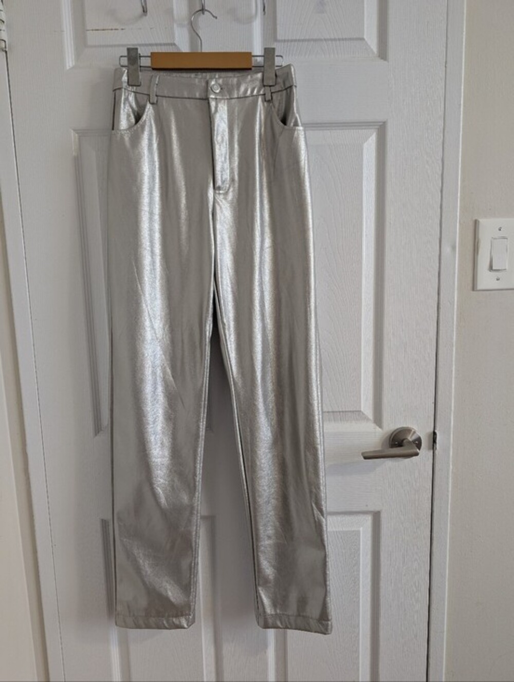 SALTY Silver Metallic Faux Leather Straight Leg Pants Y2K Cyber Punk High Rise S